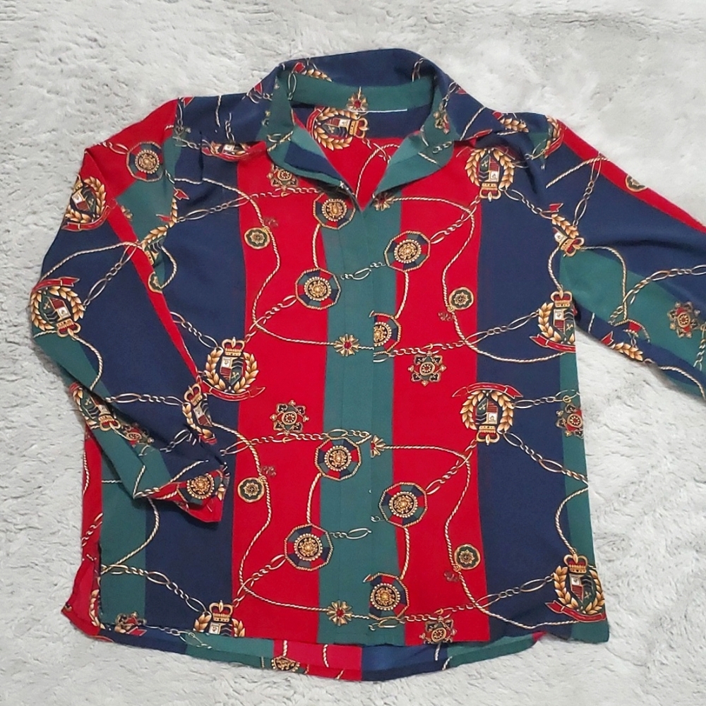 Color block chain design long sleeve button down shirt size M